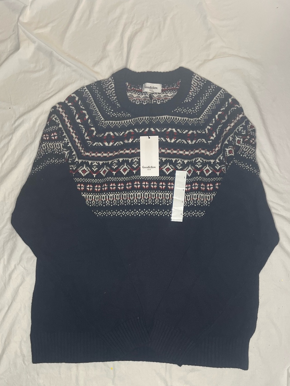 Goodfellow & Co Navy Fair Isle Crewneck Sweater L with Red and White Accents